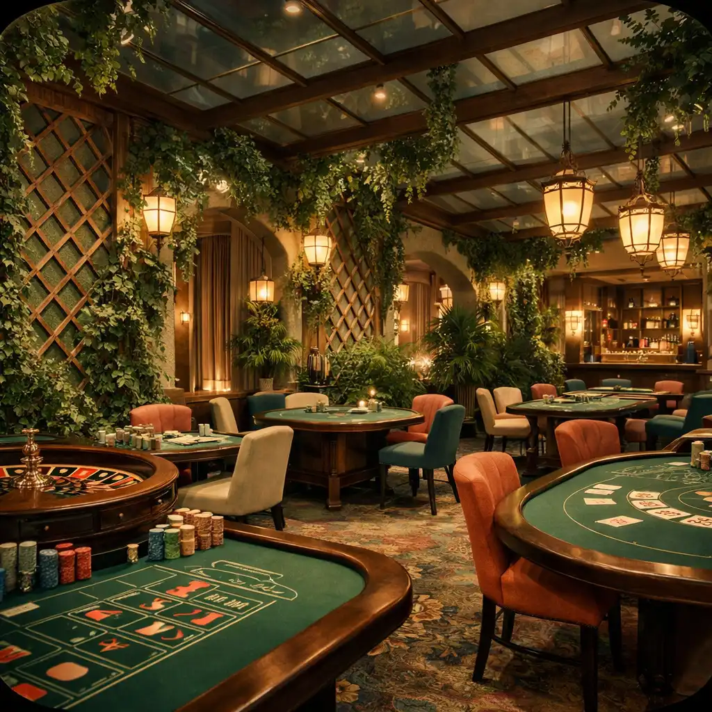 Vue d'ensemble de l'espace casino avec végétation et treillage