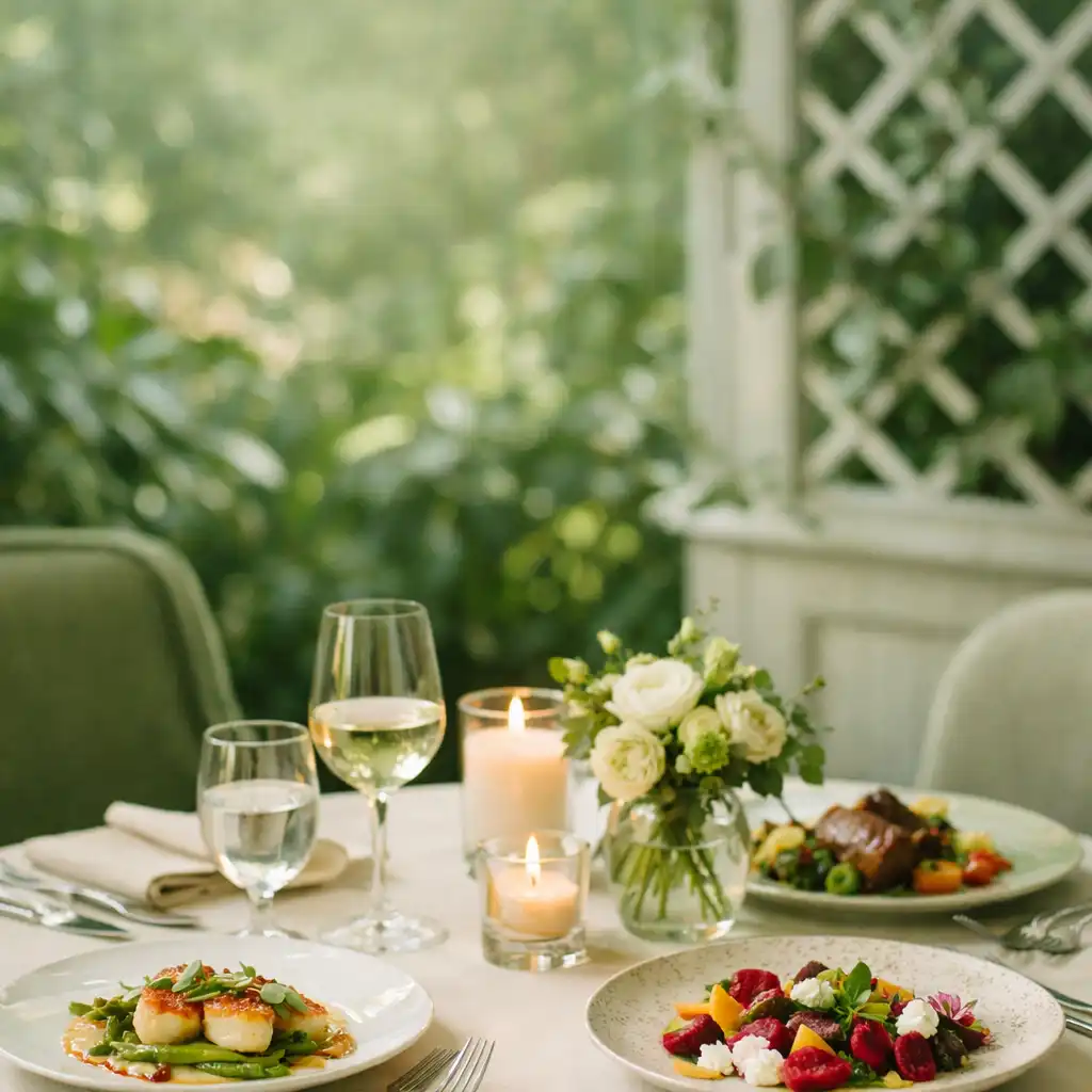 Table gastronomique élégamment dressée avec des plats colorés et une végétation luxuriante