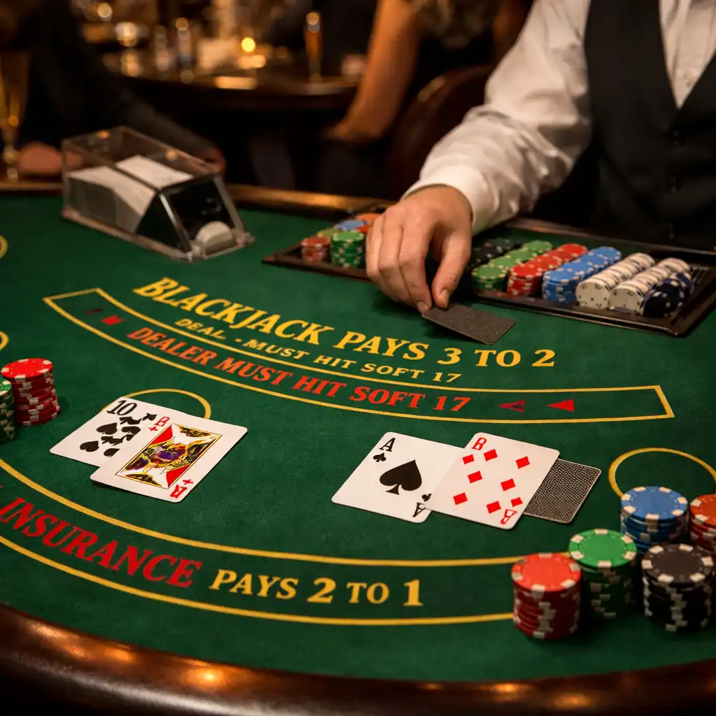 Table de blackjack physique avec tapis vert, cartes à jouer et jetons