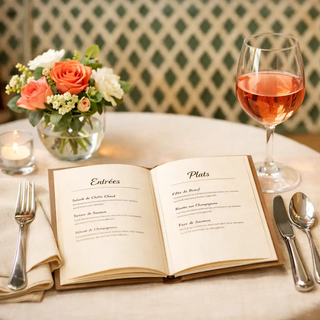 Table de restaurant avec carte ouverte, couverts élégants et verre de vin