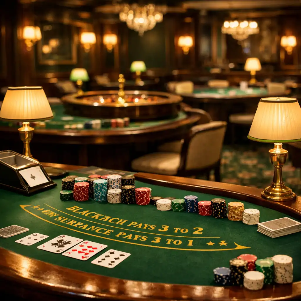 Salle de casino physique élégante avec tables de jeu, tapis vert et jetons colorés