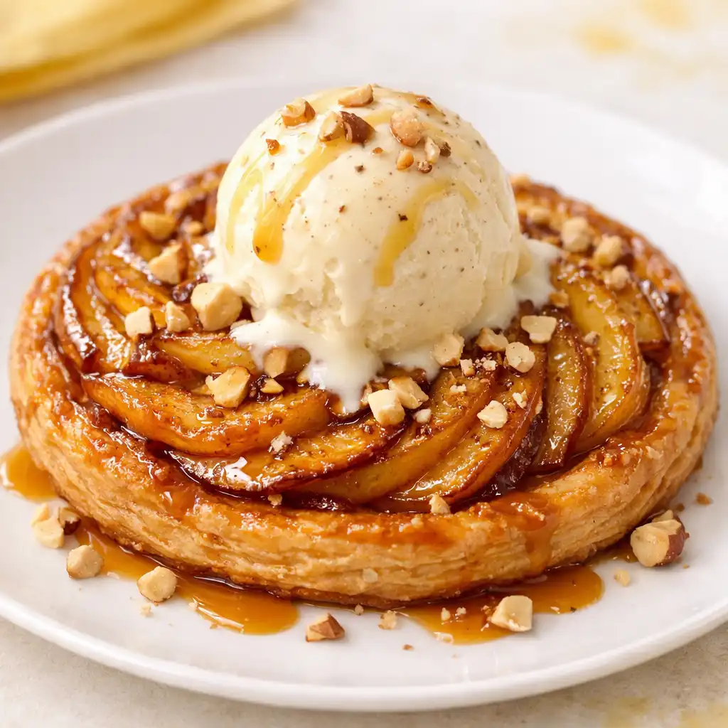 Tarte fine aux pommes caramélisées avec glace vanille et éclats de noisettes