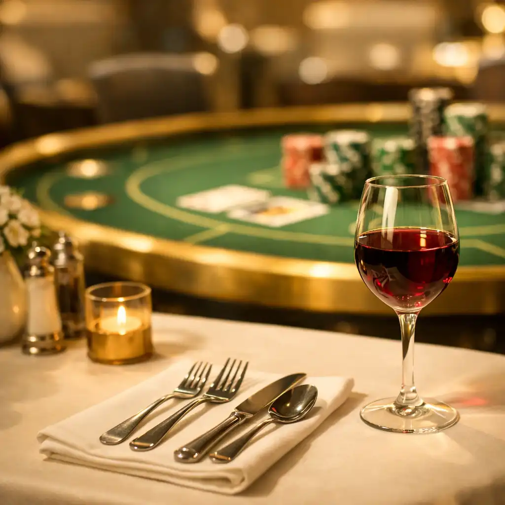 Table de restaurant élégante avec couverts et verre de vin, table de casino floue en arrière-plan