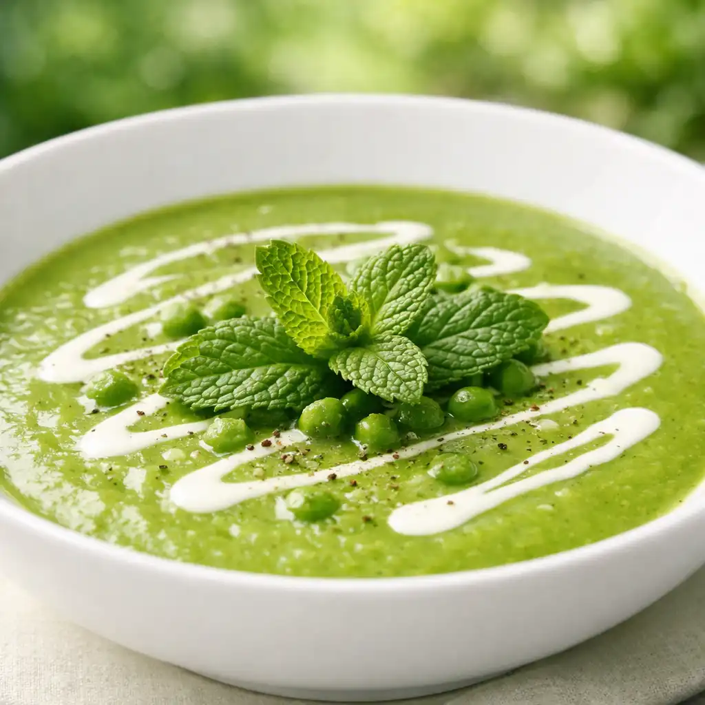 Velouté de petits pois à la menthe dans une assiette creuse blanche