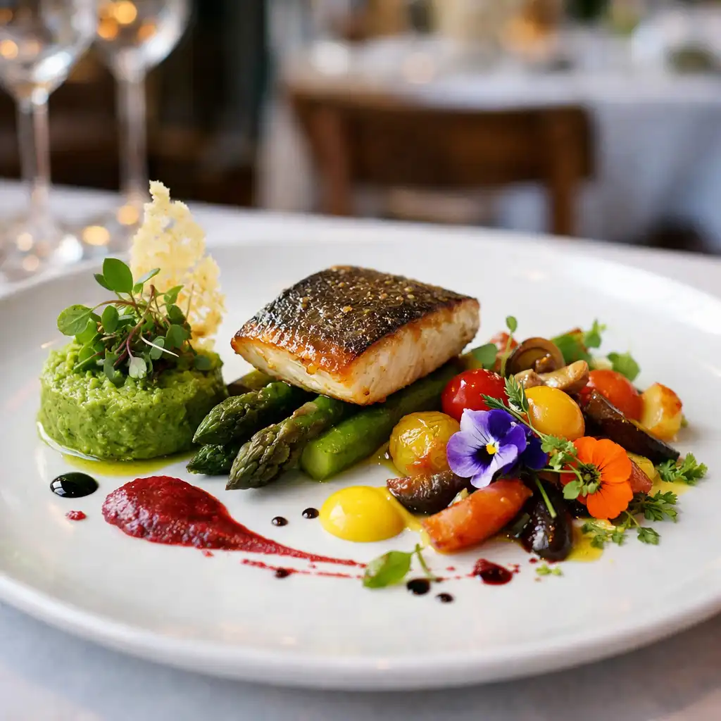 Plat gastronomique en gros plan avec composition colorée