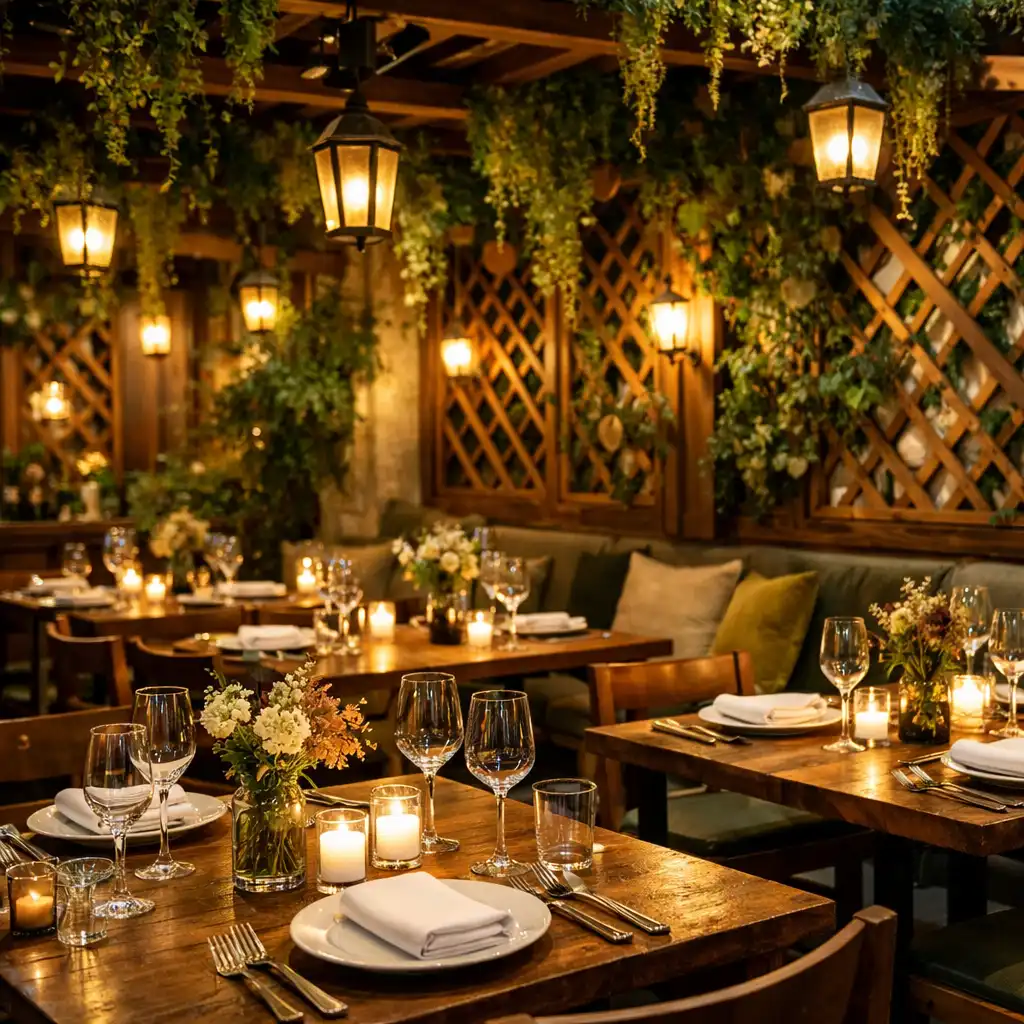 Intérieur du restaurant avec treillage, plantes et tables dressées