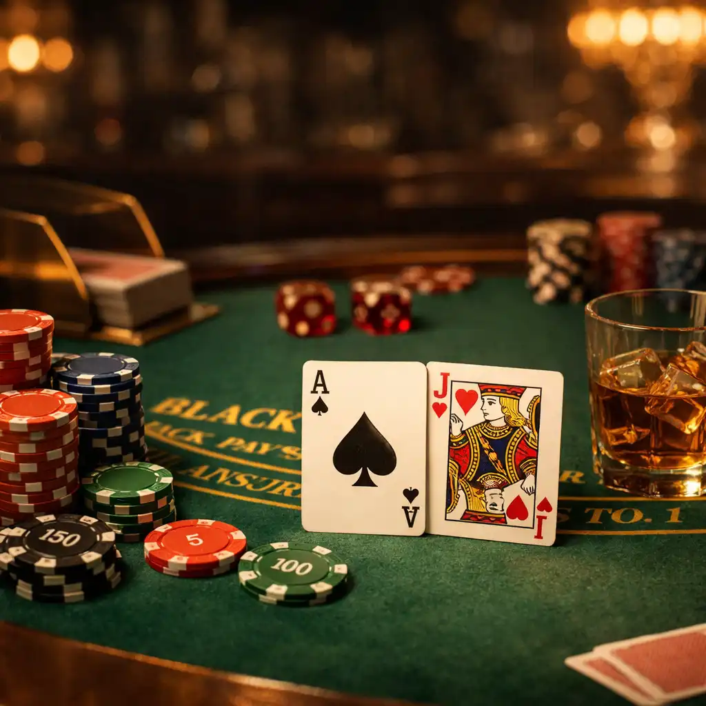 Table de casino avec jetons et cartes sous un éclairage tamisé