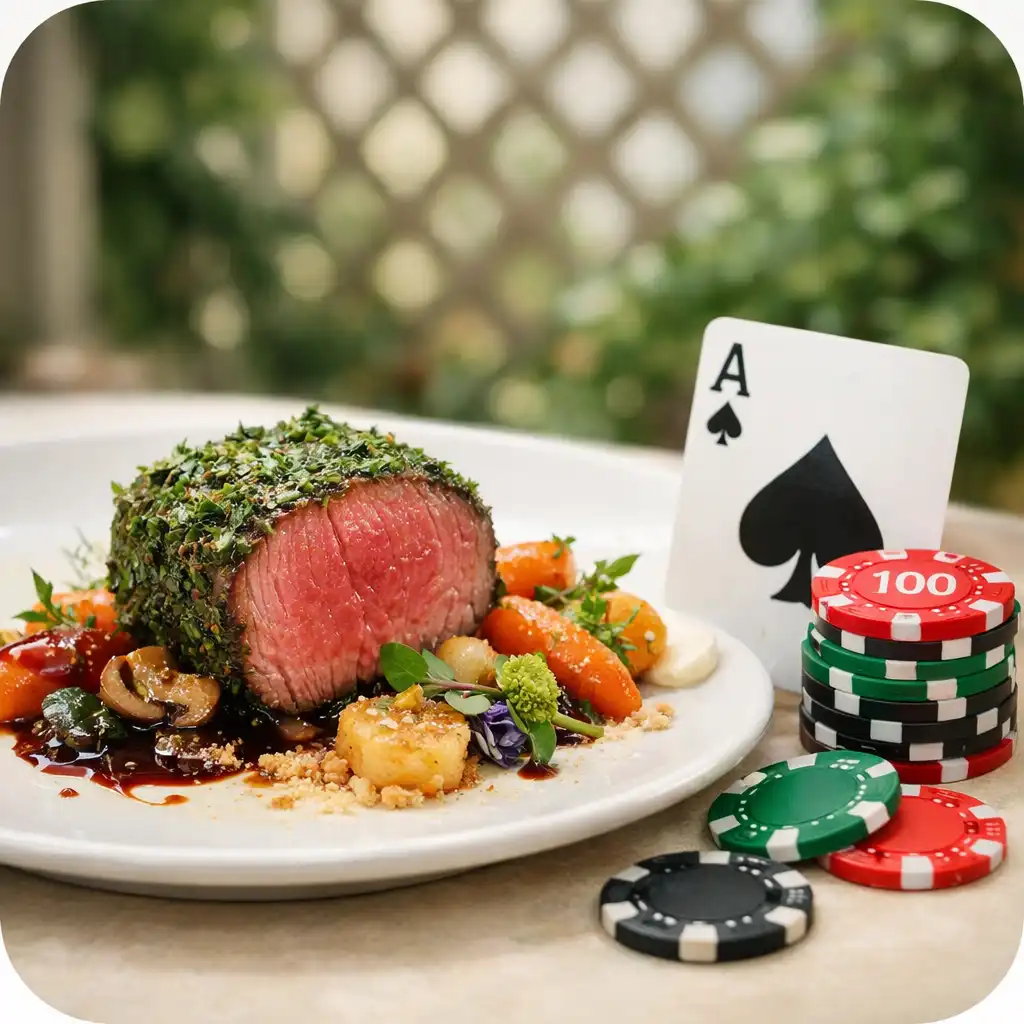 Plat gastronomique raffiné présenté avec des jetons de poker et une carte à jouer, symbolisant le lien entre cuisine et jeu