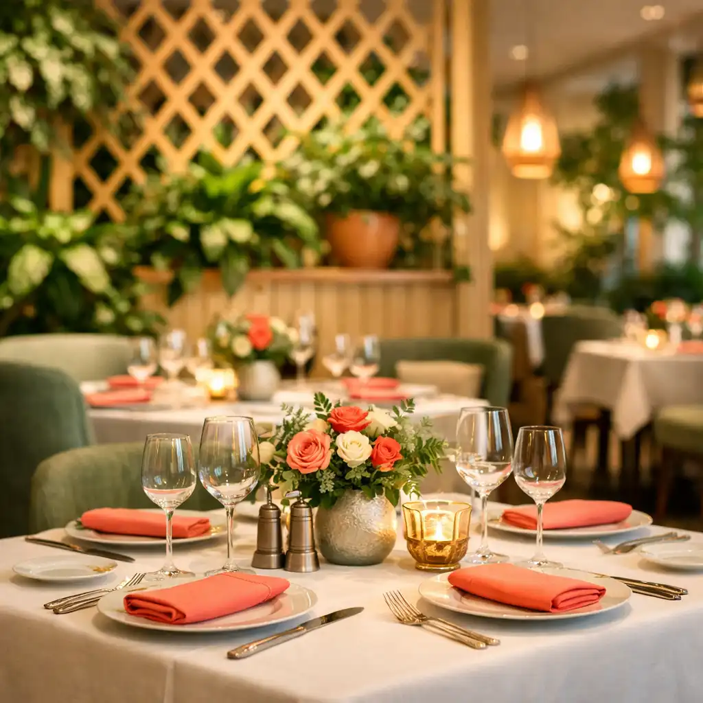 Salle de restaurant gastronomique avec treillage contemporain, plantes vertes et table dressée