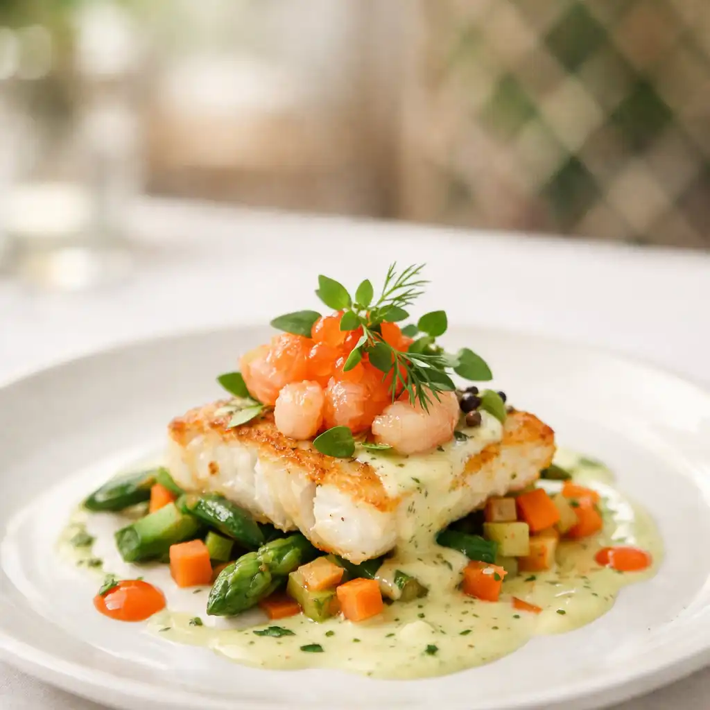 Plat gastronomique français élégamment dressé, avec sauce et herbes fraîches, sur une assiette en céramique blanche