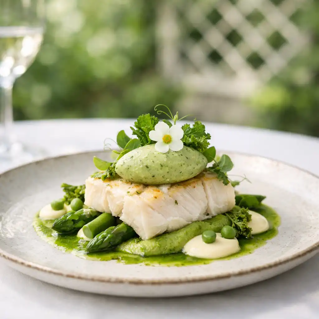 Plat gastronomique signature sur une table élégante avec un fond de jardin et de treillage