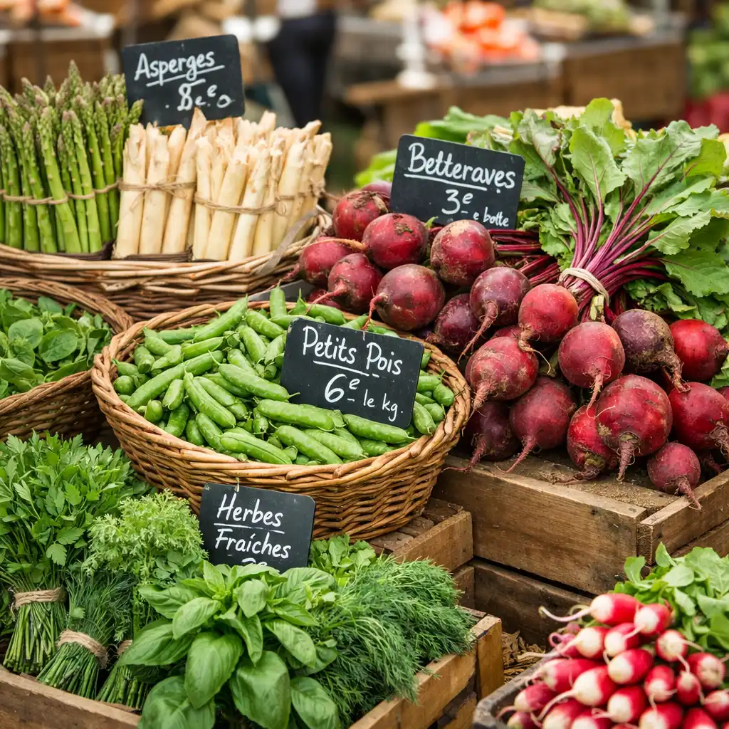Étal de marché avec des légumes frais de saison : asperges, petits pois, betteraves et herbes aromatiques