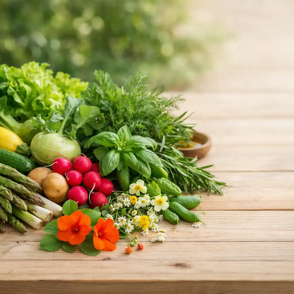 Assortiment d’ingrédients frais sur une table en bois clair : légumes de saison, herbes aromatiques et fleurs comestibles