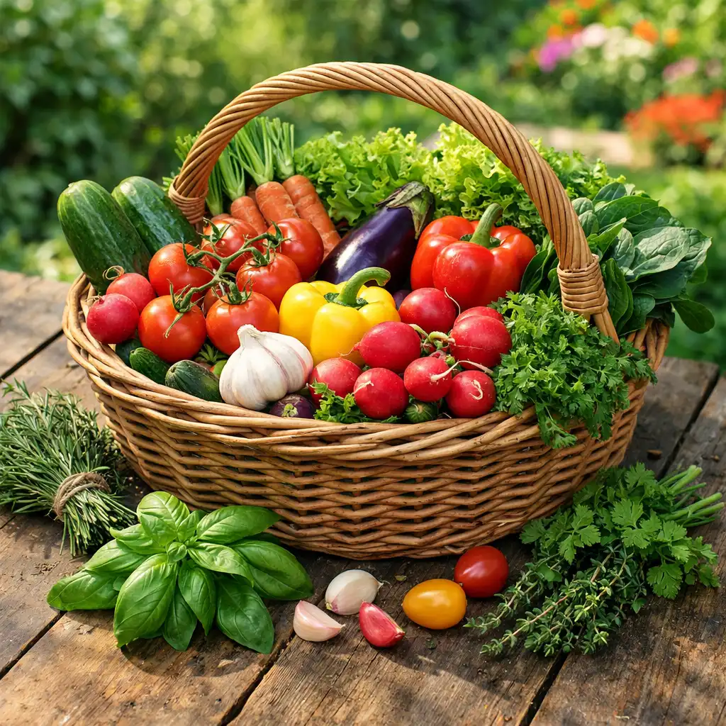 Panier de légumes frais et herbes aromatiques sur une table en bois