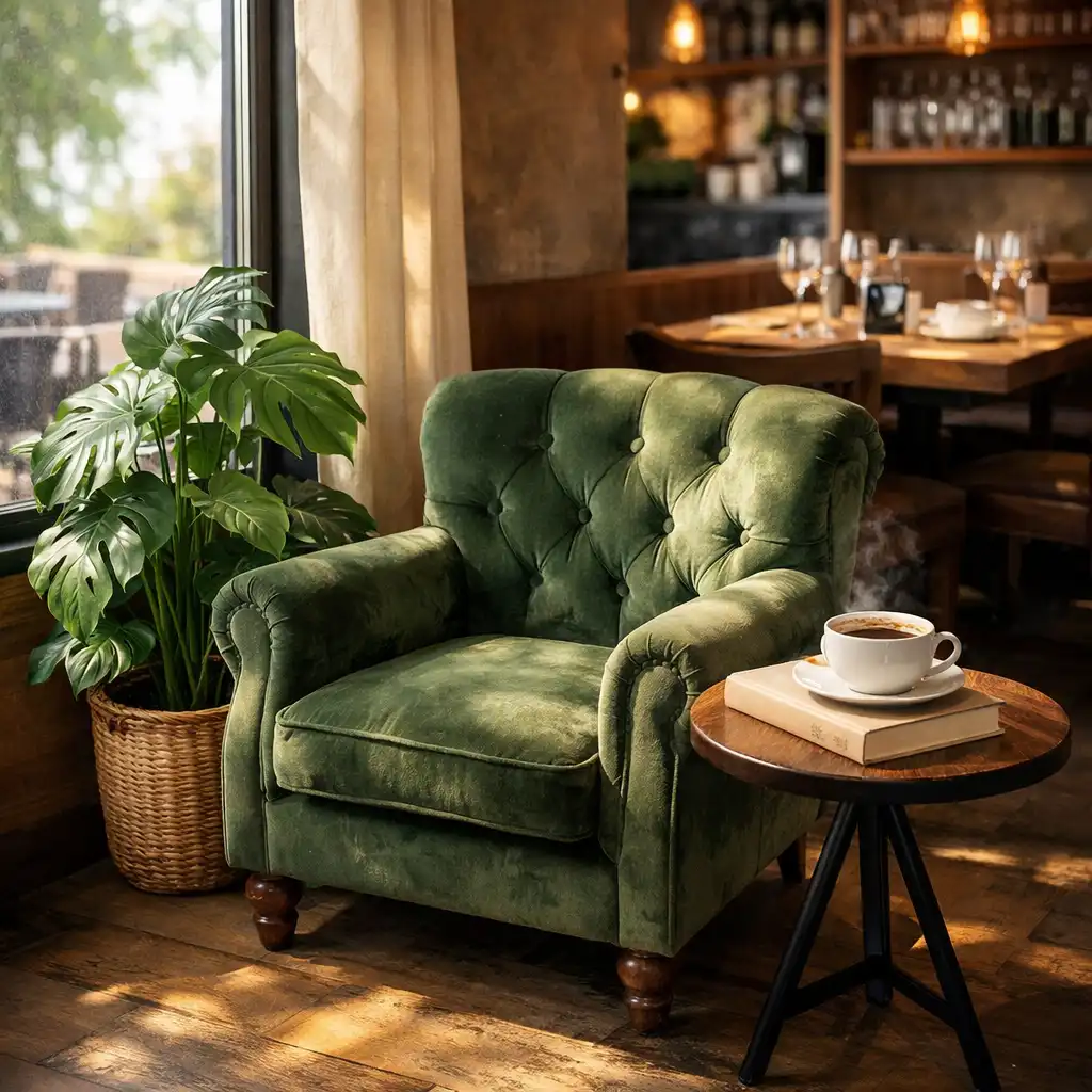 Coin lecture avec fauteuil en velours vert et plante verte