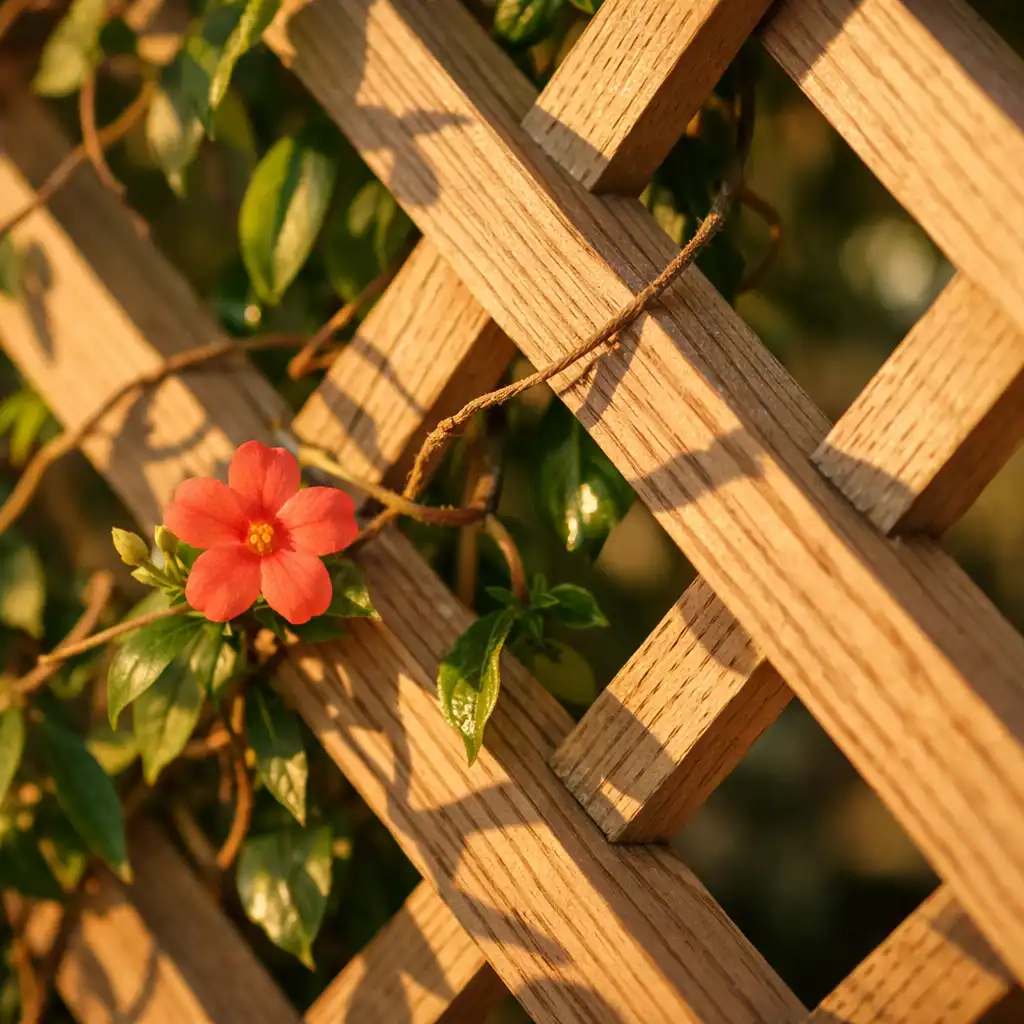 Détail d'un panneau de treillage en bois clair avec plantes grimpantes