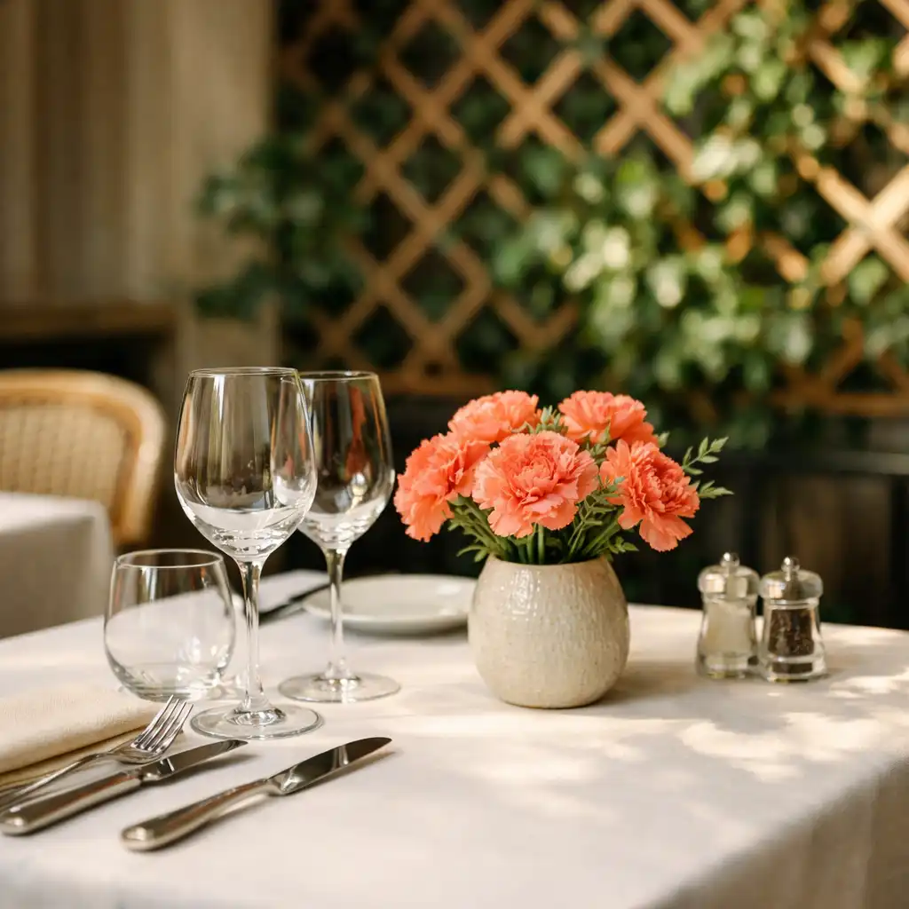 Détail d'une table dressée avec treillage et plantes dans la salle principale