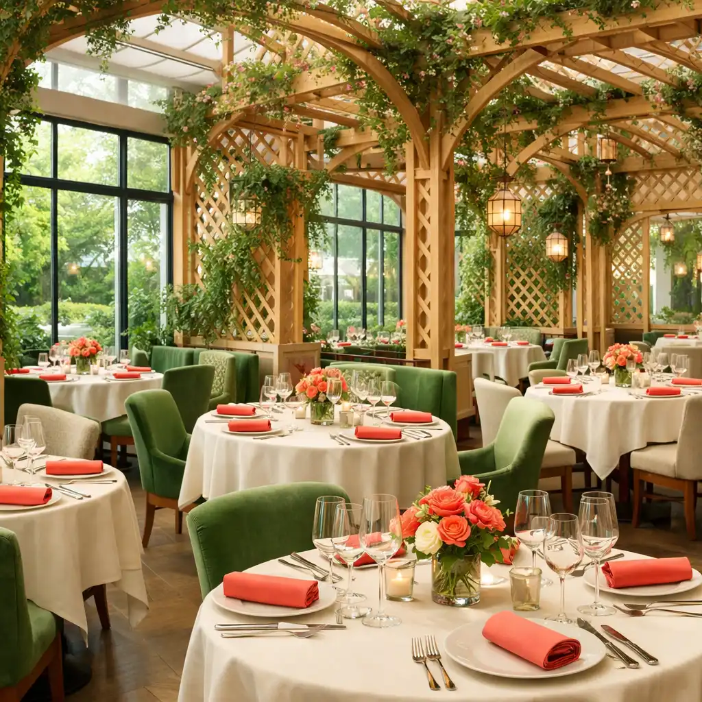 Vue d'ensemble de la salle principale du restaurant Jardin à Gourmand avec treillages et plantes