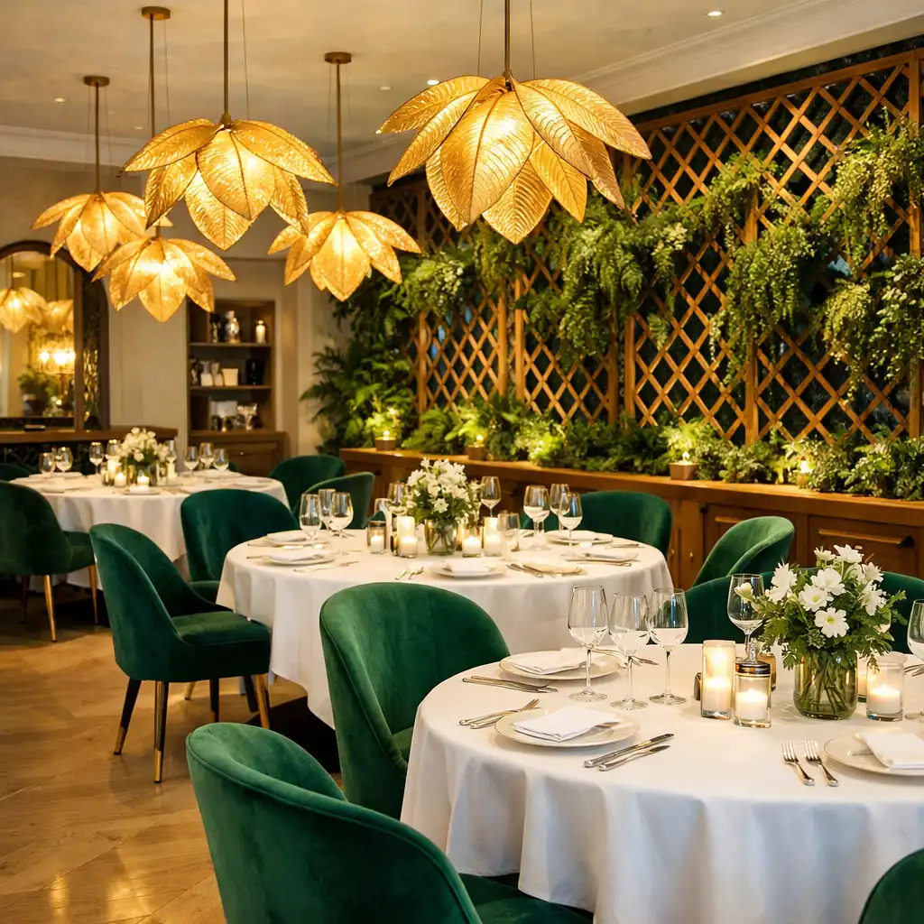 Salle principale du restaurant avec tables rondes, chaises en velours vert et luminaires en forme de feuilles
