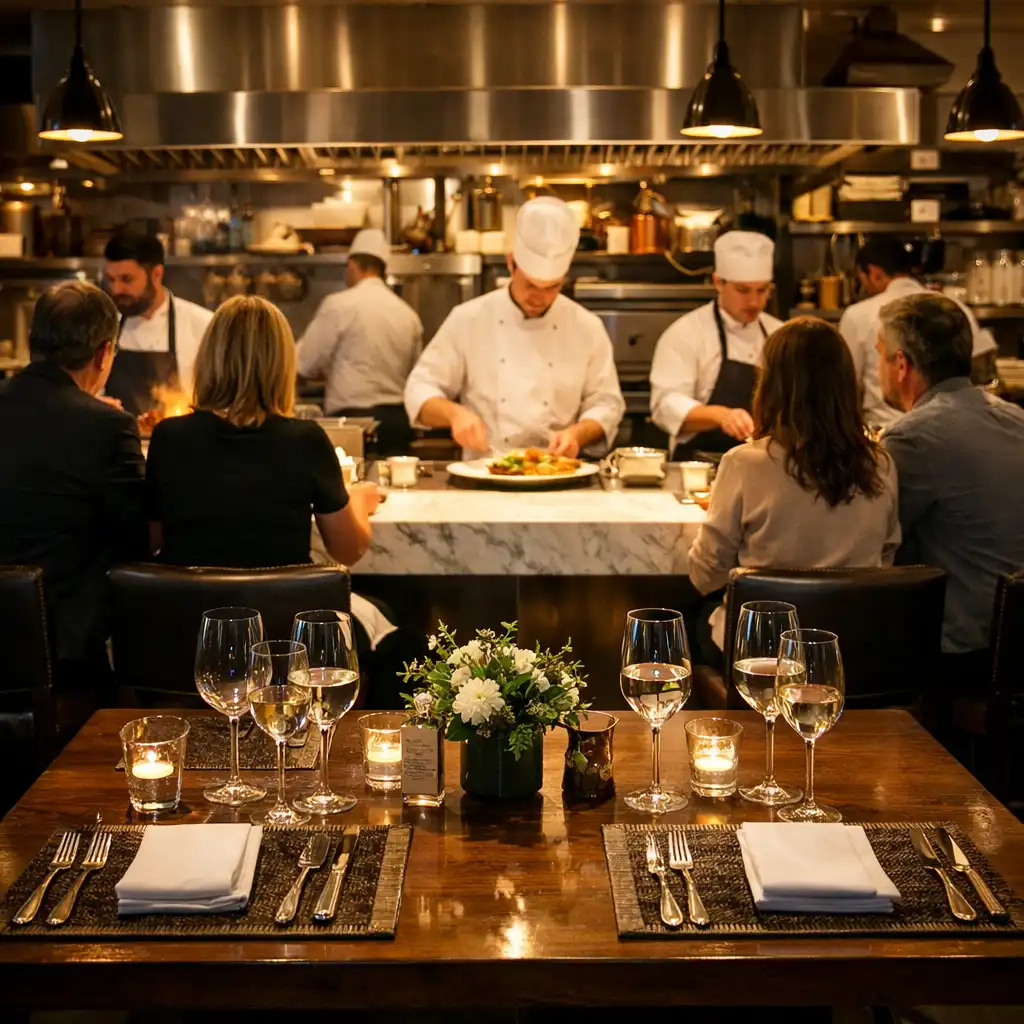 Table du chef face à la cuisine ouverte avec comptoir en marbre