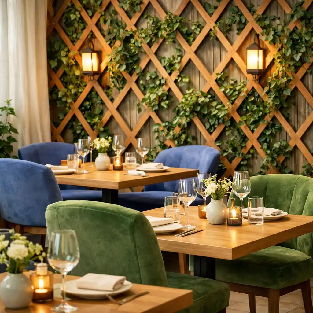 Coin de restaurant avec treillage en bois, plantes grimpantes et tables en bois clair