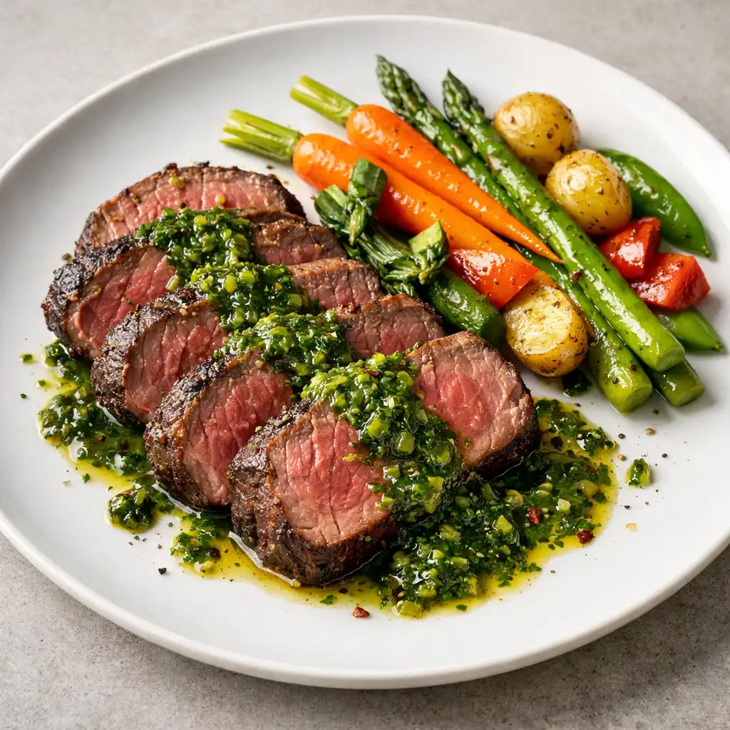 Filet de bœuf tranché avec sauce aux herbes et légumes croquants