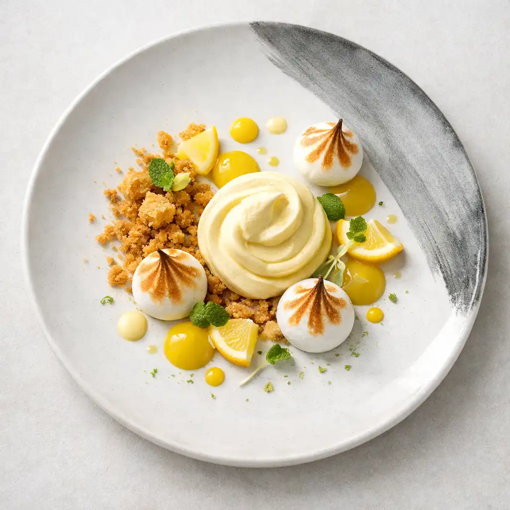Tarte au citron déstructurée avec crème légère, sablé croustillant et meringue dorée