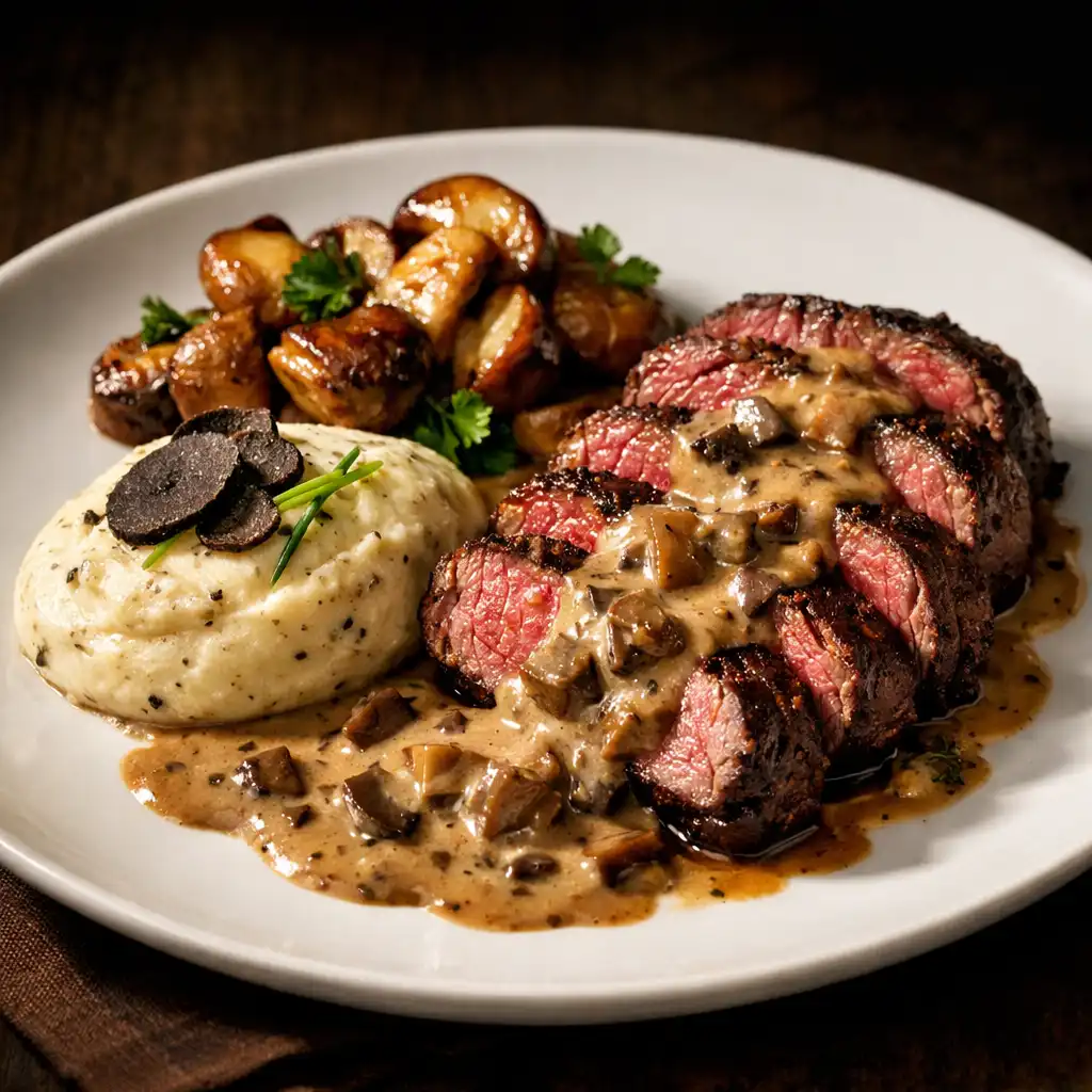 Filet de bœuf grillé tranché avec sauce aux cèpes et purée à la truffe