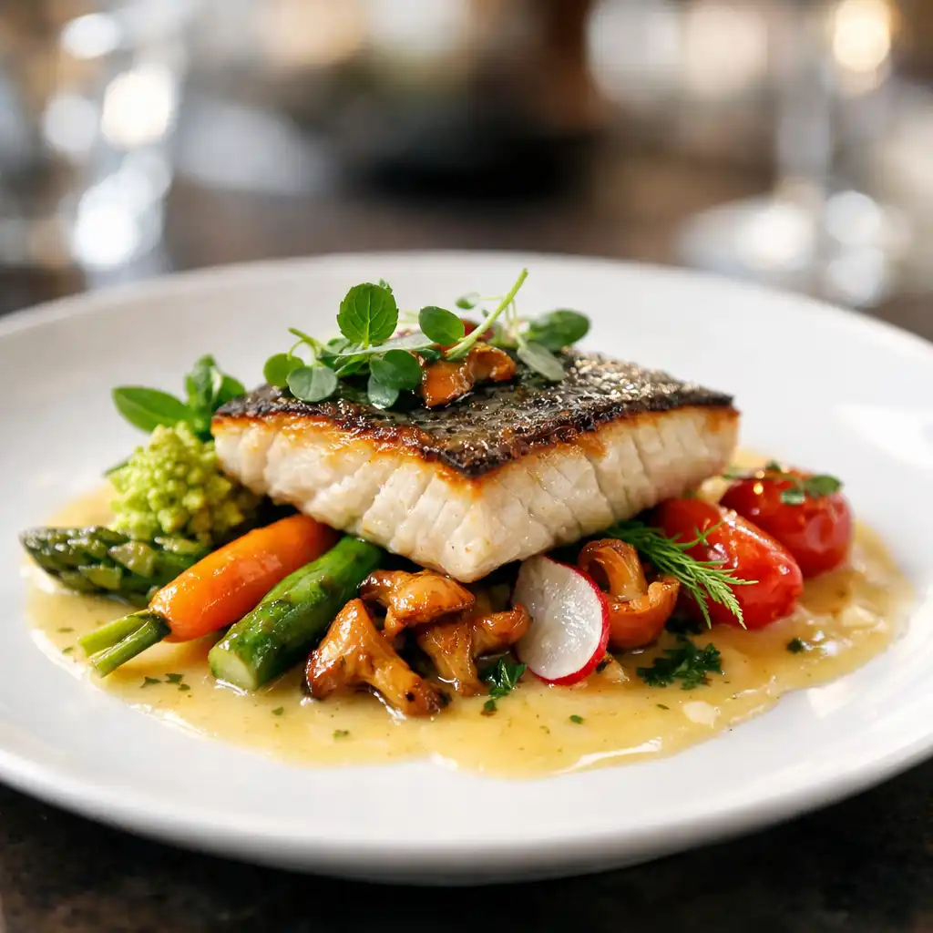 Gros plan d'un plat gastronomique français avec légumes de saison et sauce délicatement nappée