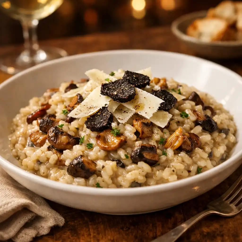 Risotto crémeux aux champignons sauvages avec copeaux de parmesan