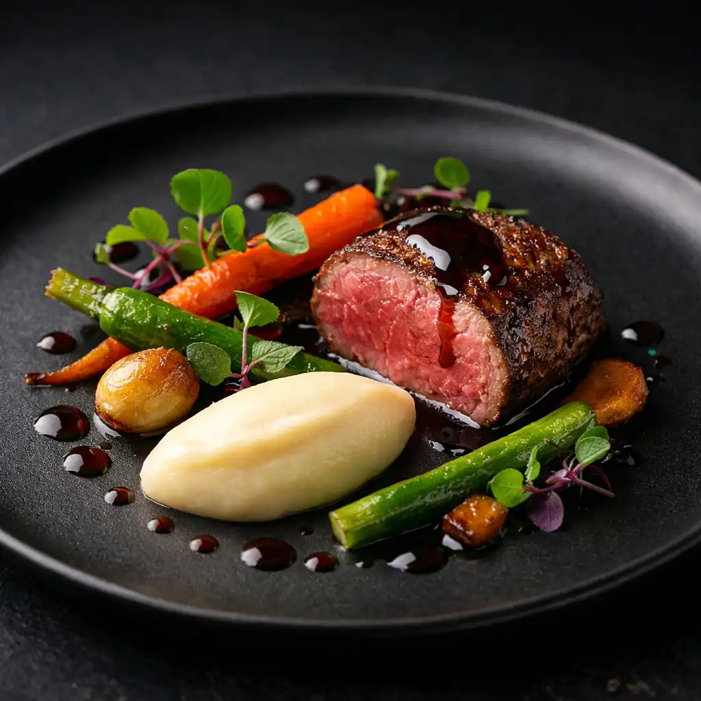 Plat signature avec viande, purée onctueuse, légumes glacés et sauce en points