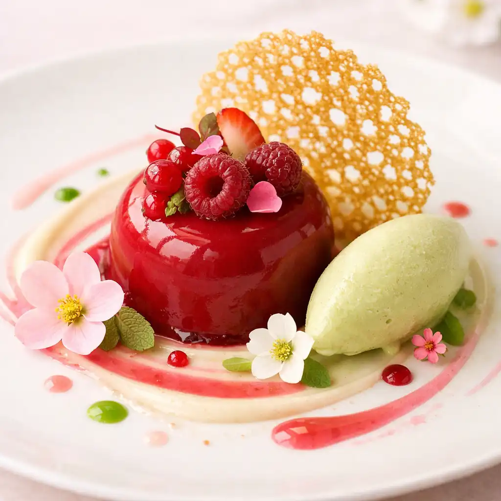 Dessert gastronomique avec entremets aux fruits rouges, quenelle de glace et tuile croustillante
