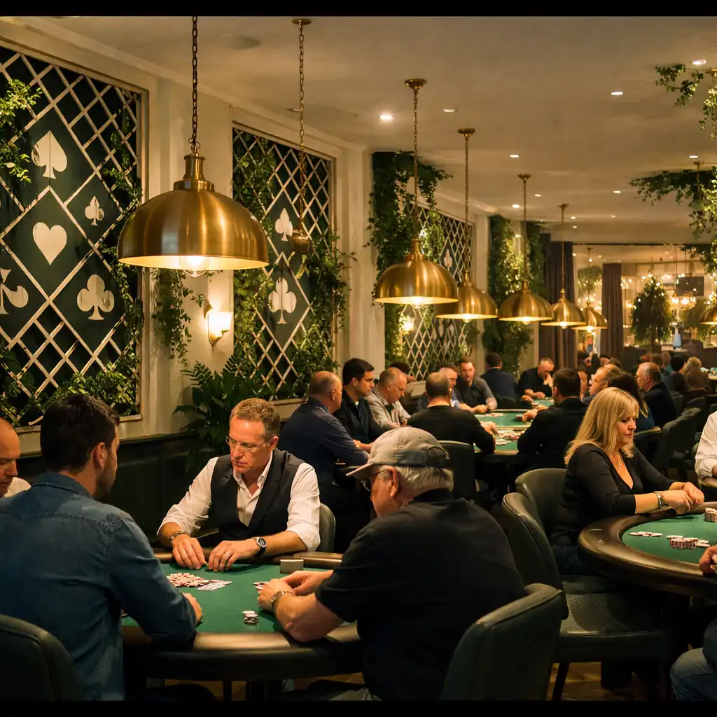 Salle de poker décorée de treillages contemporains et de plantes grimpantes, avec tables éclairées par des suspensions en laiton
