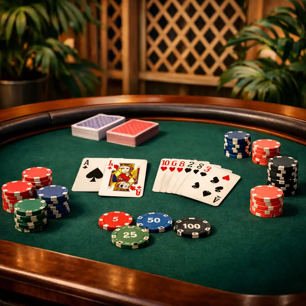 Table de poker élégante en bois sombre avec tapis vert, cartes et jetons, entourée de plantes et d'un treillage en bois clair