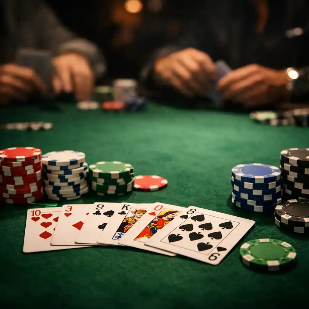 Table de poker physique avec tapis vert, cartes à jouer et jetons de différentes couleurs