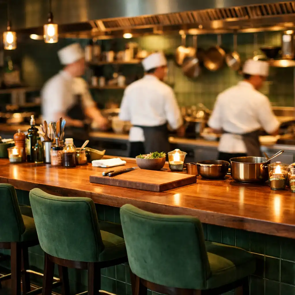 Comptoir de dégustation face à la cuisine ouverte, tabourets hauts et chefs en arrière-plan