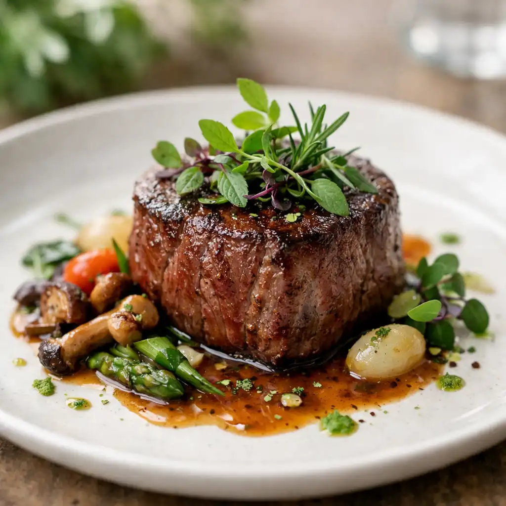 Plat gastronomique français, filet de bœuf aux herbes fraîches, dressé avec précision