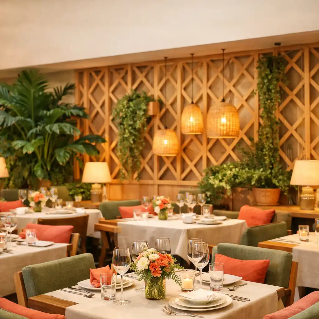Intérieur du restaurant Jardin à Gourmand avec treillage en bois, plantes vertes et tables élégantes
