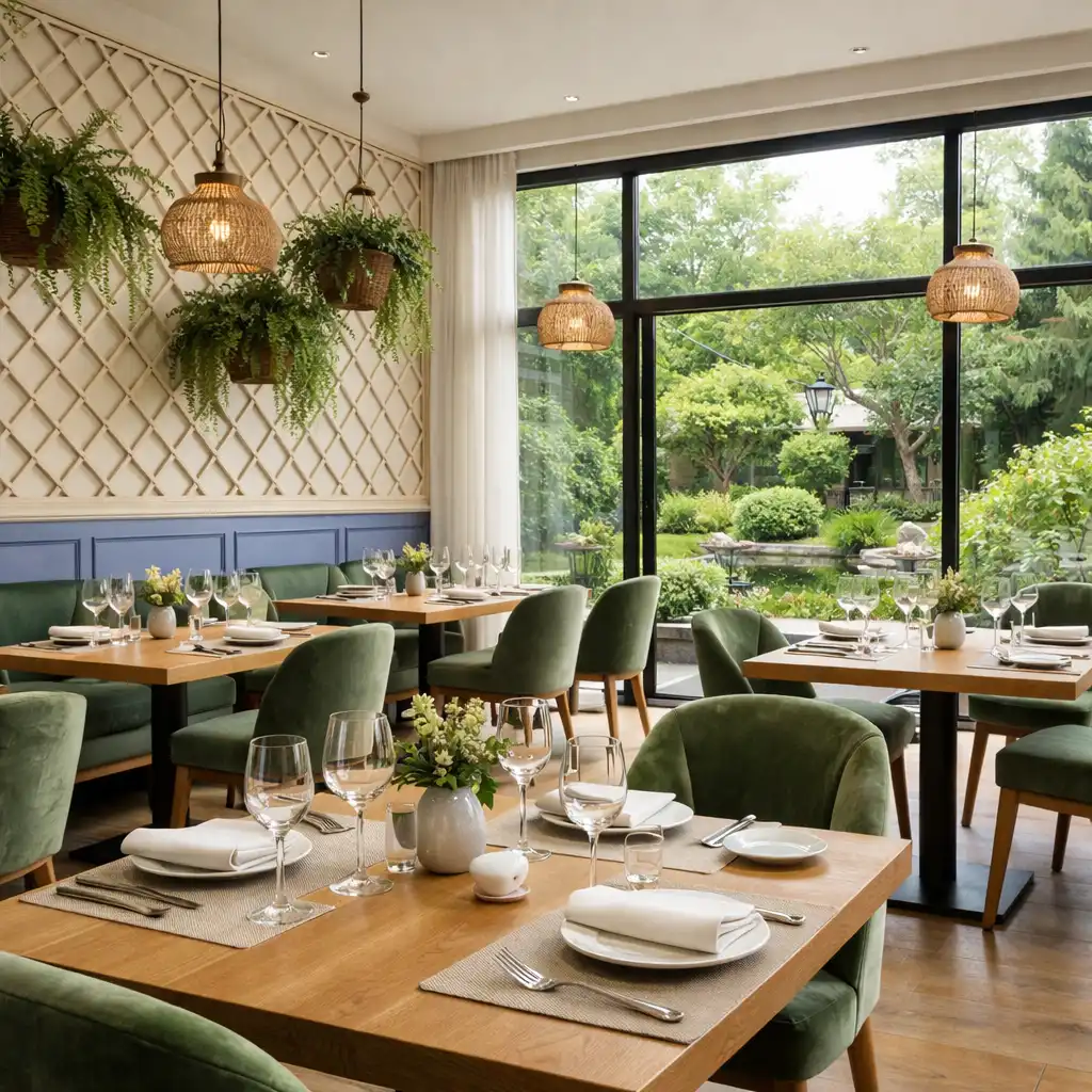 Salle principale du restaurant avec baies vitrées, plantes suspendues et treillage décoratif