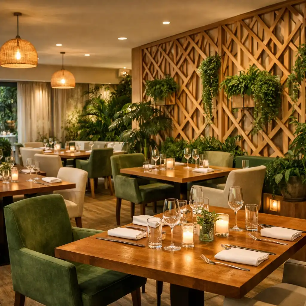 Salle principale avec tables en bois espacées, treillage mural et plantes vertes
