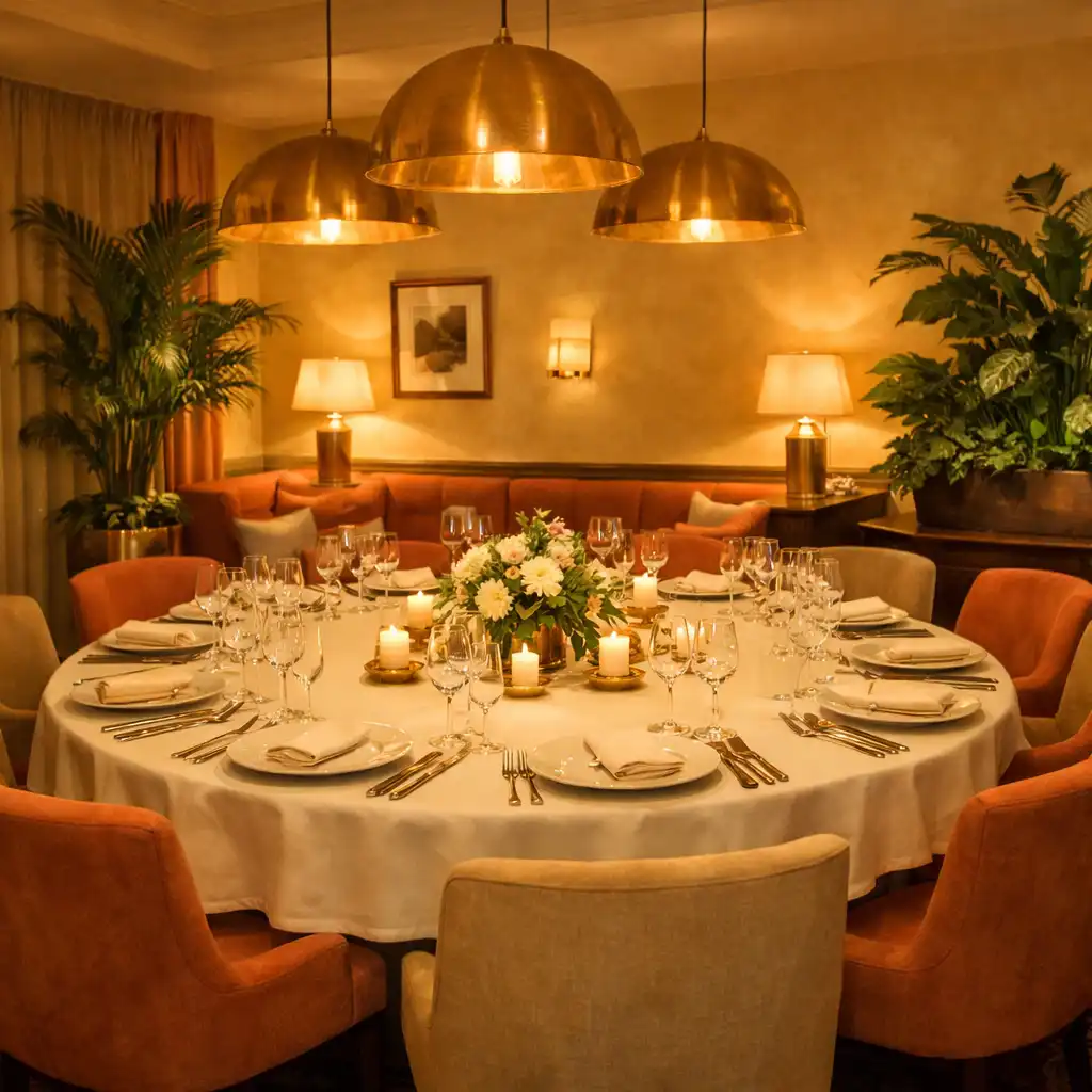 Salon privé avec table ronde dressée, tons chauds jaune pâle et corail