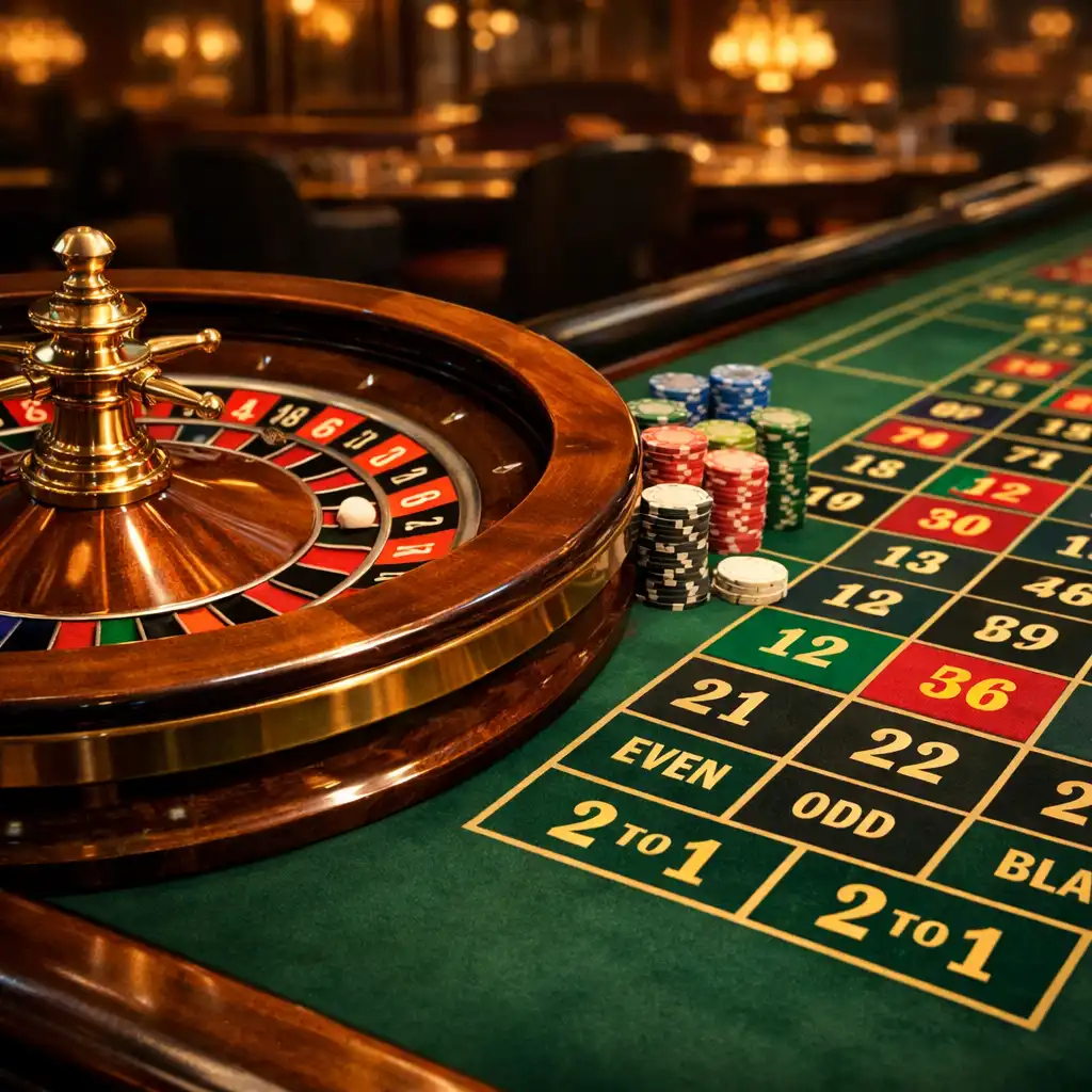 Table de roulette physique avec roue en bois et métal, tapis vert et jetons empilés