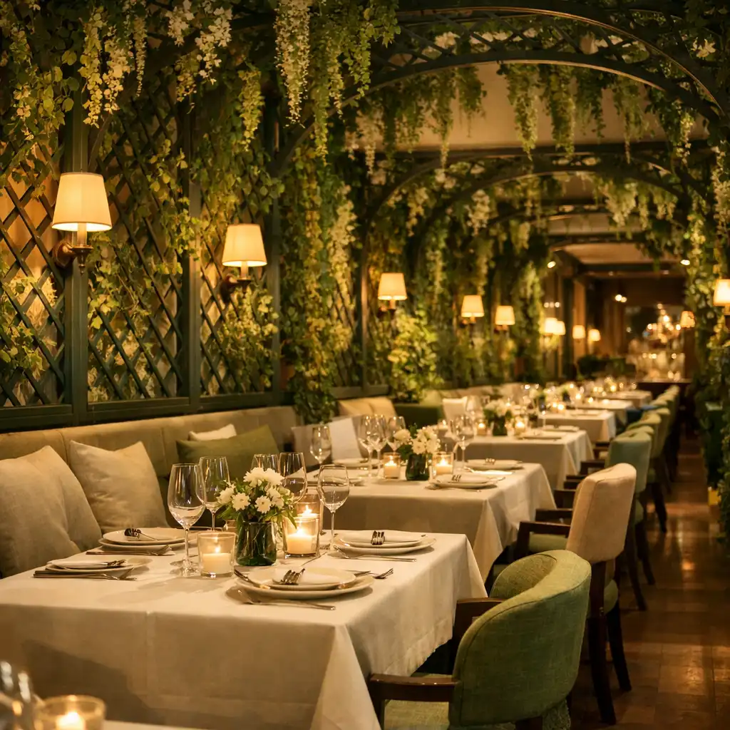 Salle de restaurant avec treillage végétal, tables élégantes et lumière tamisée