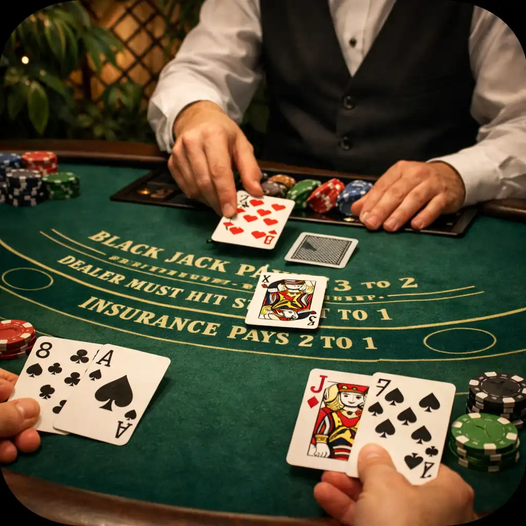 Table de blackjack physique avec cartes et croupier