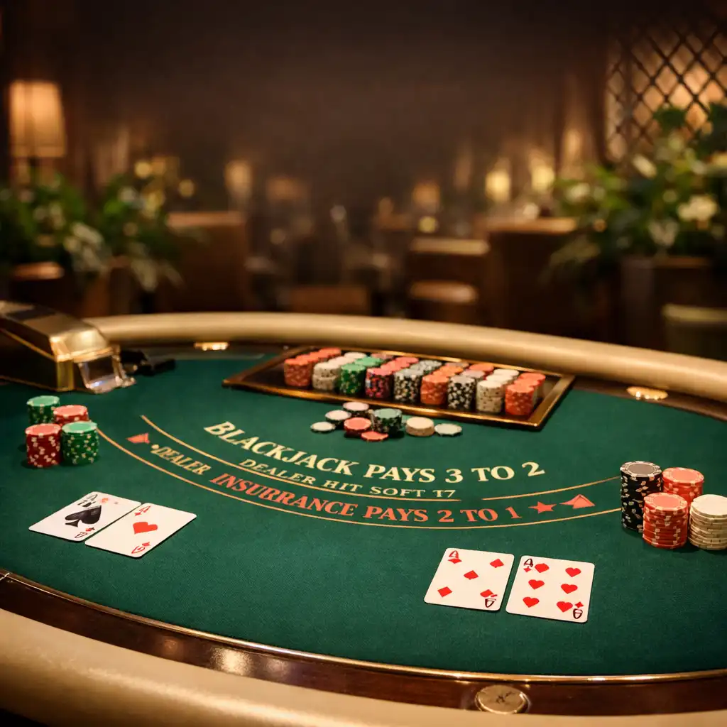 Table de blackjack physique dans un casino élégant, avec cartes et jetons disposés proprement, éclairage tamisé