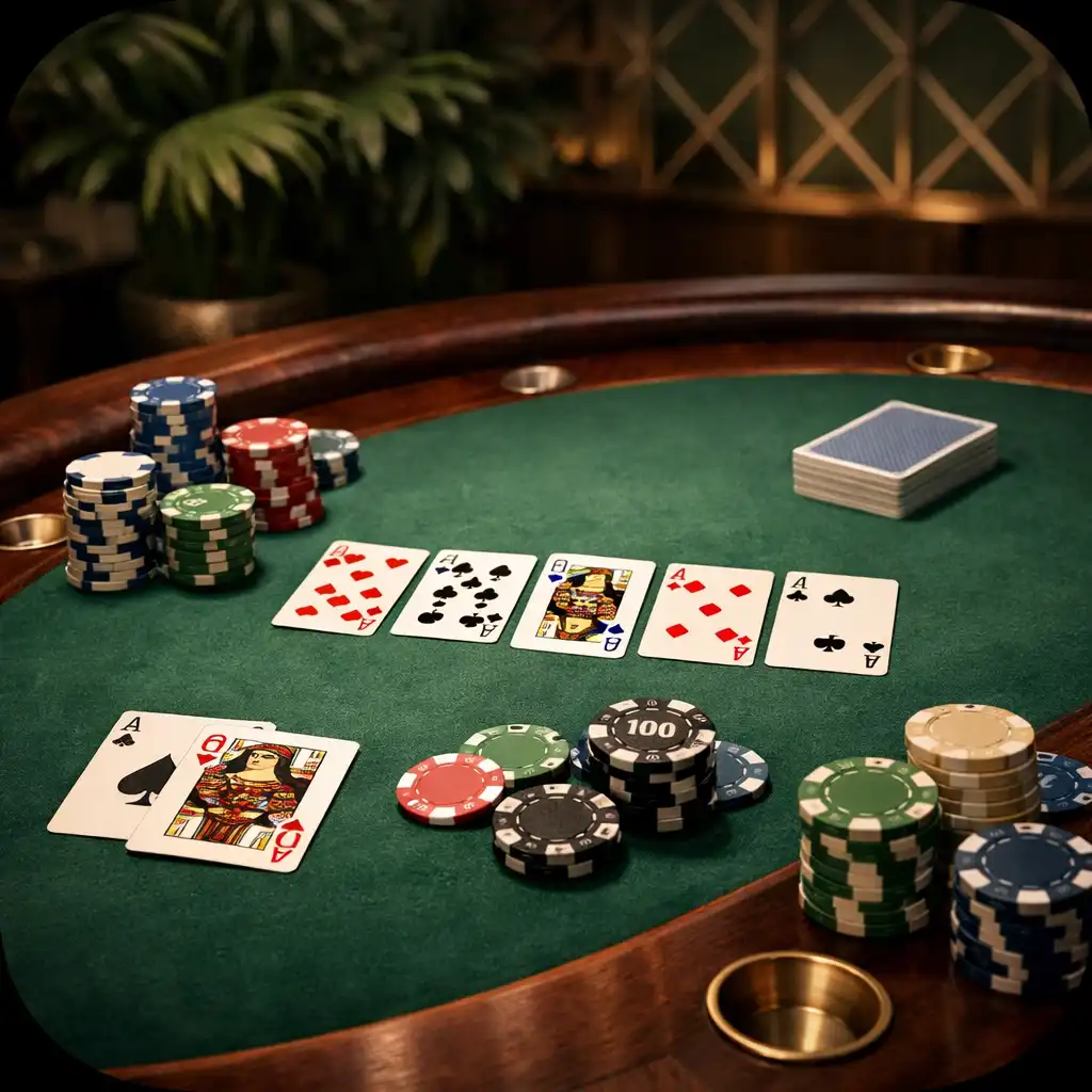 Table de poker physique avec cartes et jetons